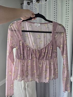 Floral Pink Sheer Cropped Tie-Front Top